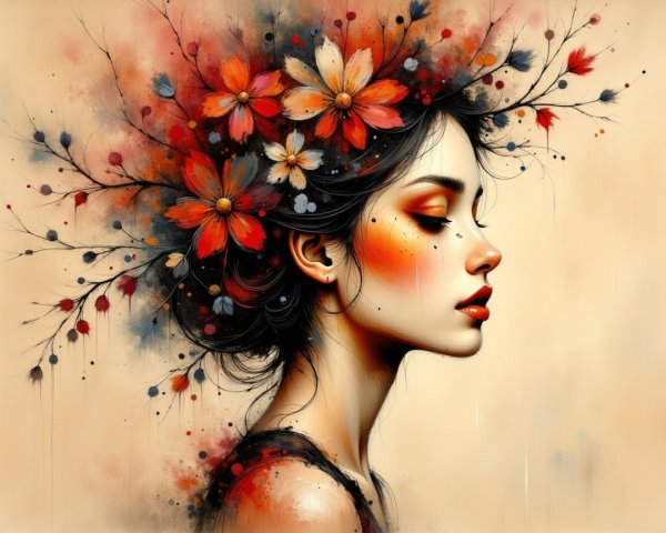 Profile of a Woman with Floral Headdress in Vibrant Colors