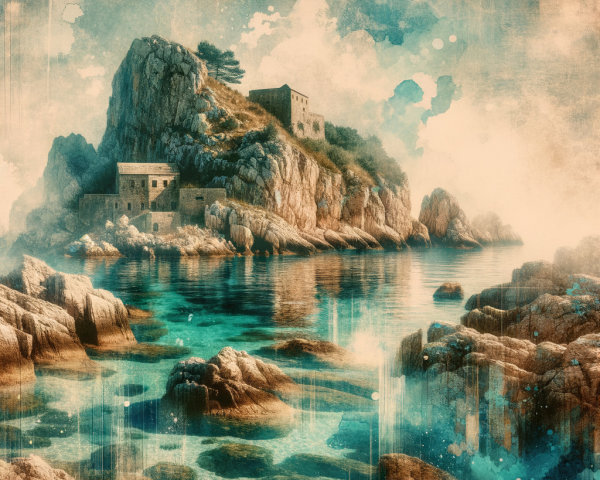 Coastal Landscape with Cliffs and Ancient Structure