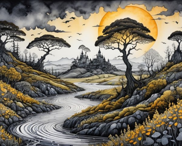 Winding River and Castle in Lush Rolling Hills