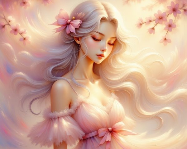 Serene Woman in Pink Dress with Cherry Blossoms