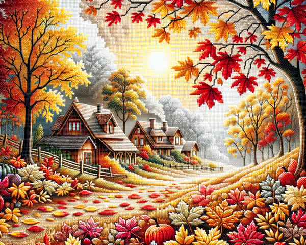 Autumn Landscape with Colorful Foliage and Cottages