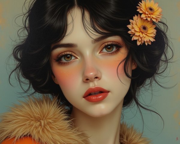 Close-Up Portrait of a Young Woman with Flowers