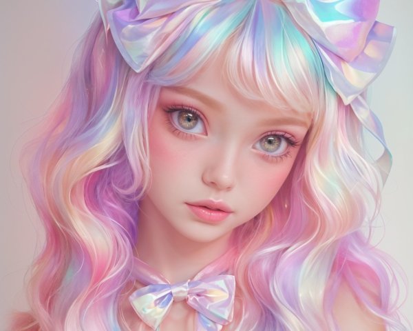 Young woman with pastel wavy hair and iridescent bow