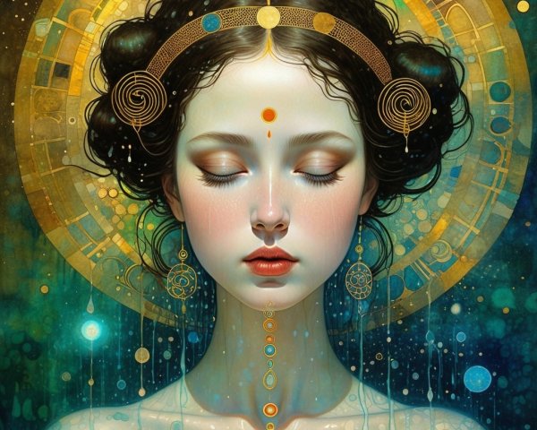 Serene Young Woman with Intricate Gold Jewelry