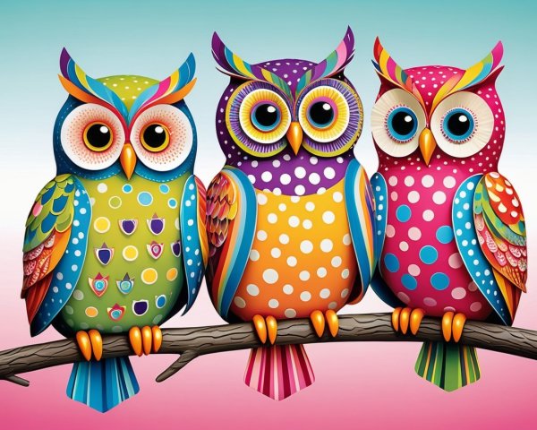 Cartoon Owls on Branch with Colorful Patterns