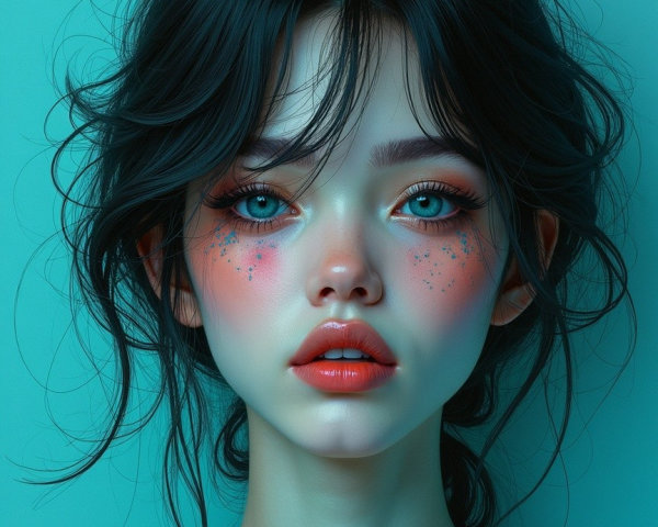 Portrait of a young woman with dark hair and blue eyes