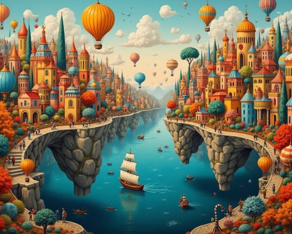 Whimsical Landscape with Colorful Buildings and Balloons