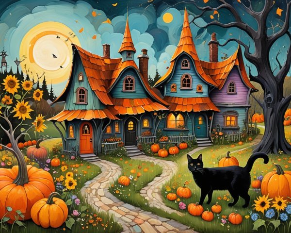 Whimsical Halloween Scene with Colorful Houses and Moon