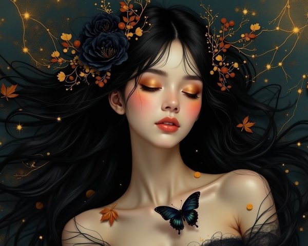 Serene Young Woman with Autumn Leaves and Butterfly
