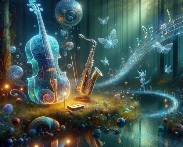 Mystical Forest with Floating Musical Instruments