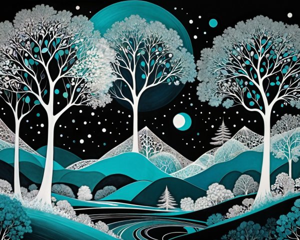Surreal Landscape with Stylized Trees and Moonlight