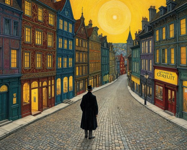 Colorful Streetscape with Cobblestone Road and Figure