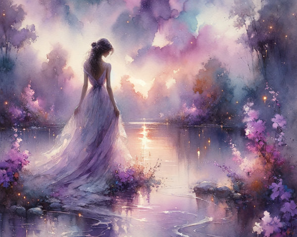 Twilight Scene with Woman by Tranquil Lake