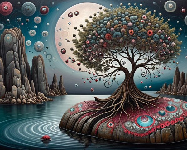 Surreal Landscape with Vibrant Tree and Moonlight