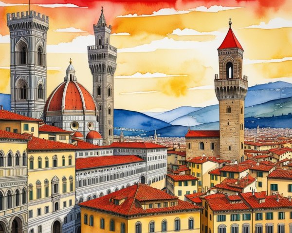 Watercolor of Florence Skyline with Cathedral Dome