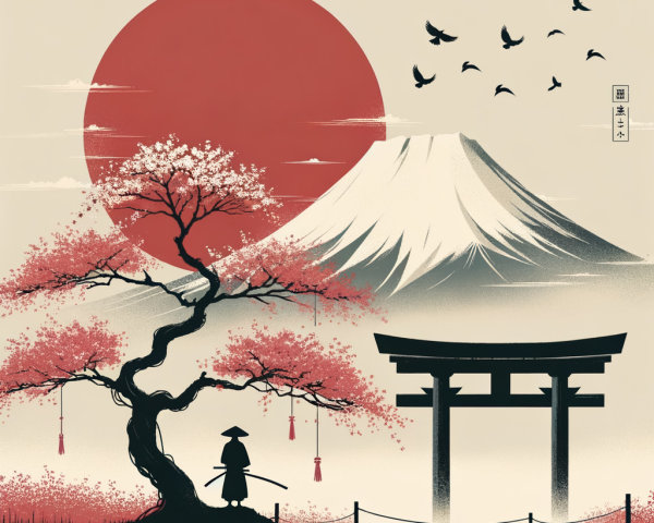 Traditional Japanese Landscape with Cherry Blossoms