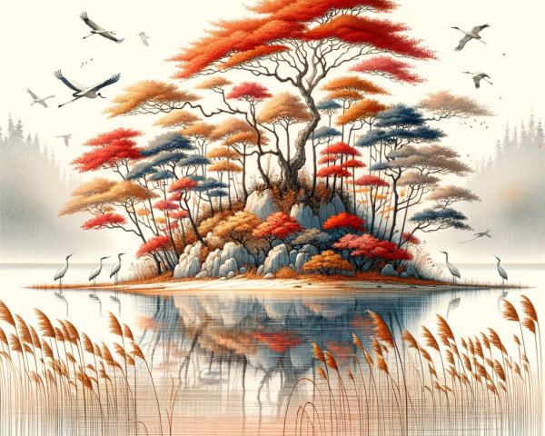 Serene Island Landscape with Autumn Trees and Cranes