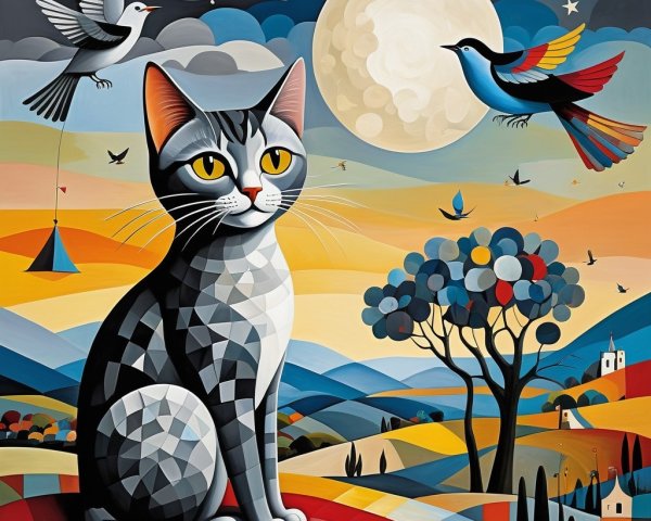 Stylized Cat with Geometric Shapes and Vibrant Colors
