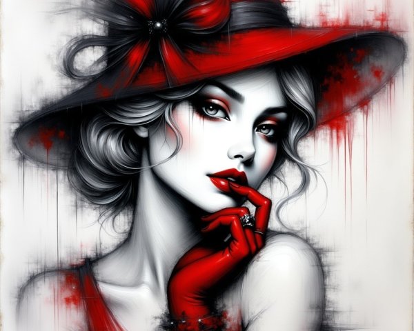 Black-and-white portrait of a woman in a red hat