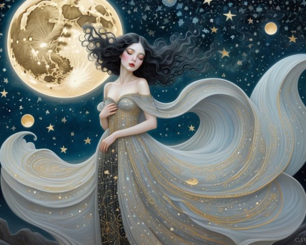 Serene Figure in Ethereal Gown Under Starry Sky