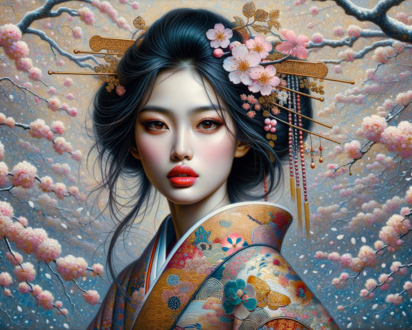 Young Woman in Traditional Kimono Amid Cherry Blossoms