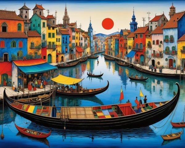 Vibrant Canal Scene with Colorful Houses and Boats