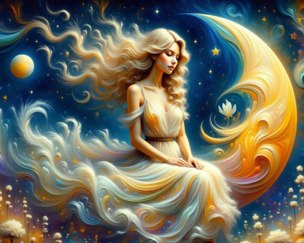 Serene figure in a swirling cosmic landscape