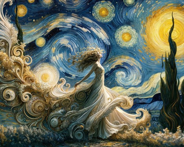 Whimsical Scene with Flowing Figure and Starry Sky