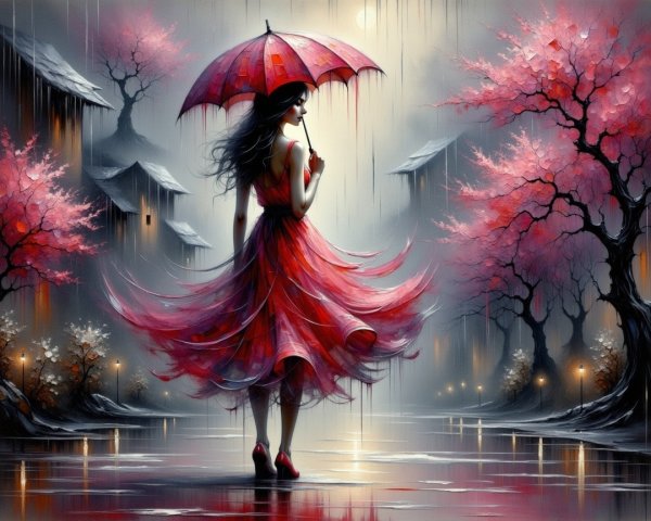 Woman in Red Dress in Misty Cherry Blossom Landscape