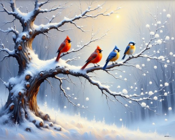 Winter Landscape with Snowy Tree and Colorful Birds