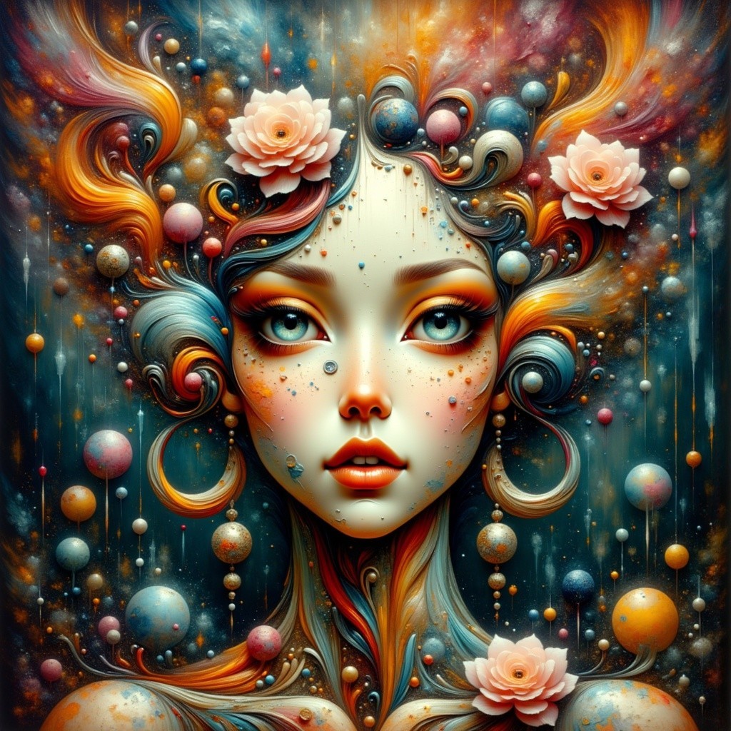 Surreal Artwork of a Cosmic Female Face and Roses