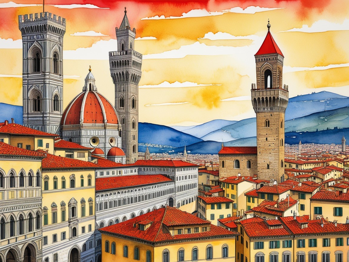 Watercolor of Florence Skyline with Cathedral Dome