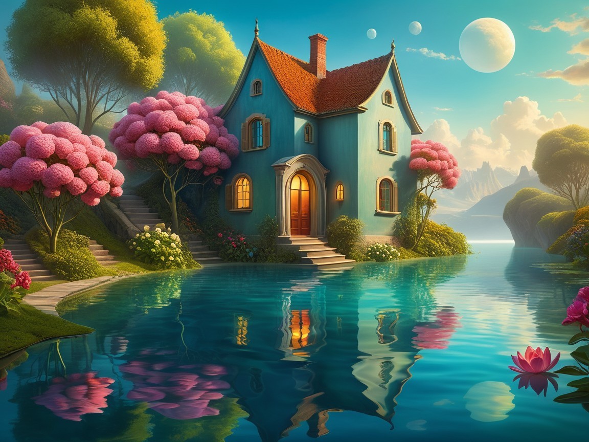 Whimsical Blue House by Serene Lake with Pink Trees