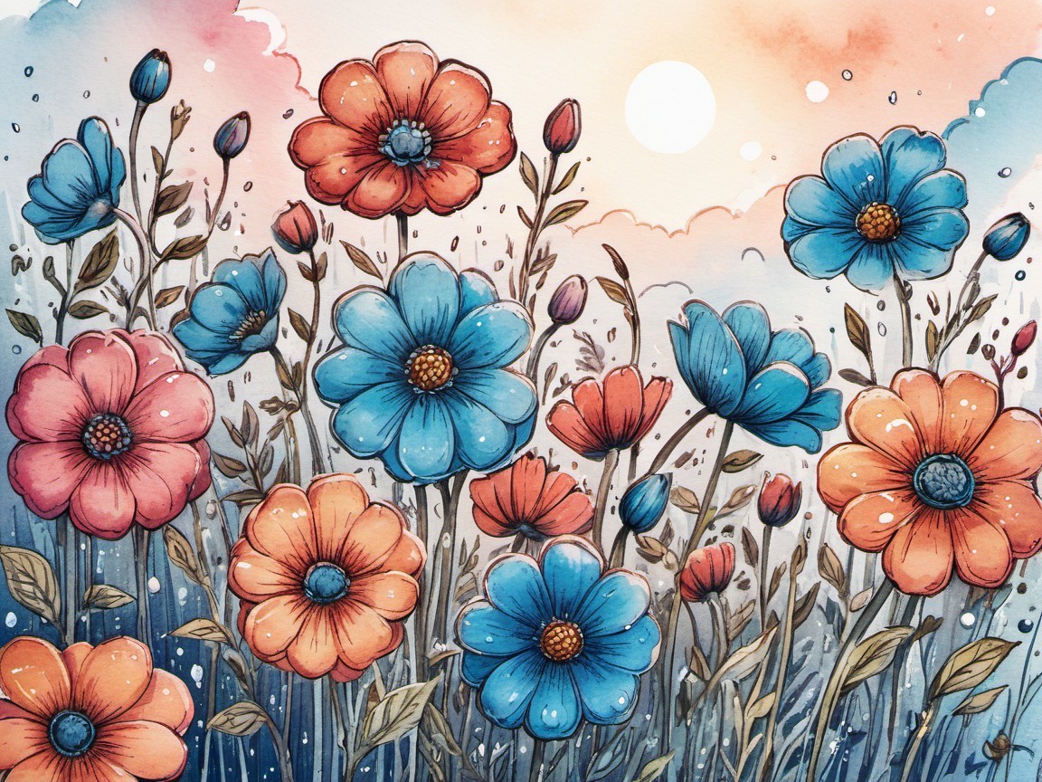 Vibrant Illustration of Blossoming Flowers in Pastels