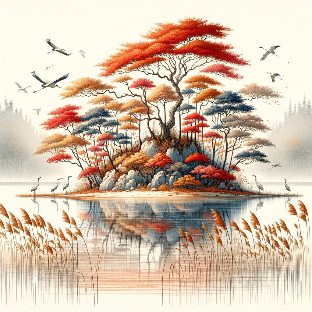 Serene Island Landscape with Autumn Trees and Cranes