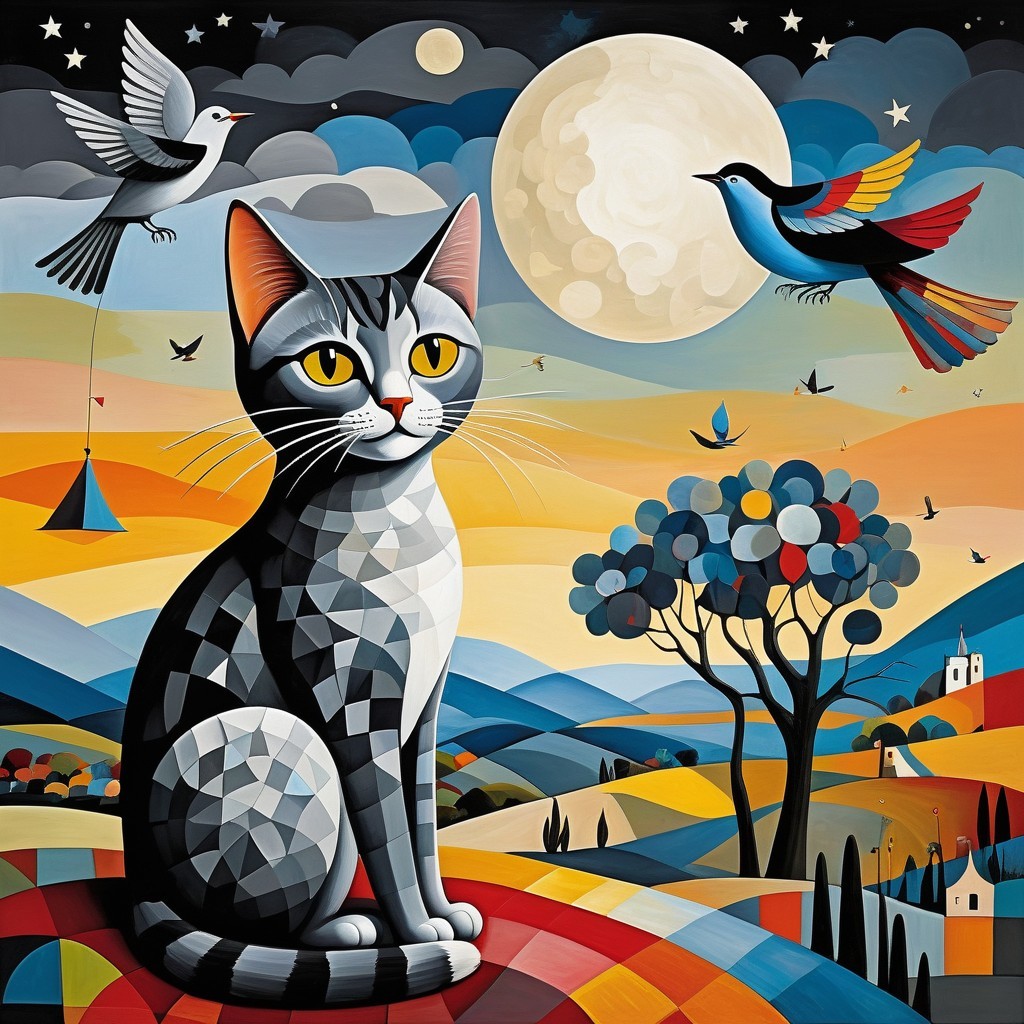 Stylized Cat with Geometric Shapes and Vibrant Colors