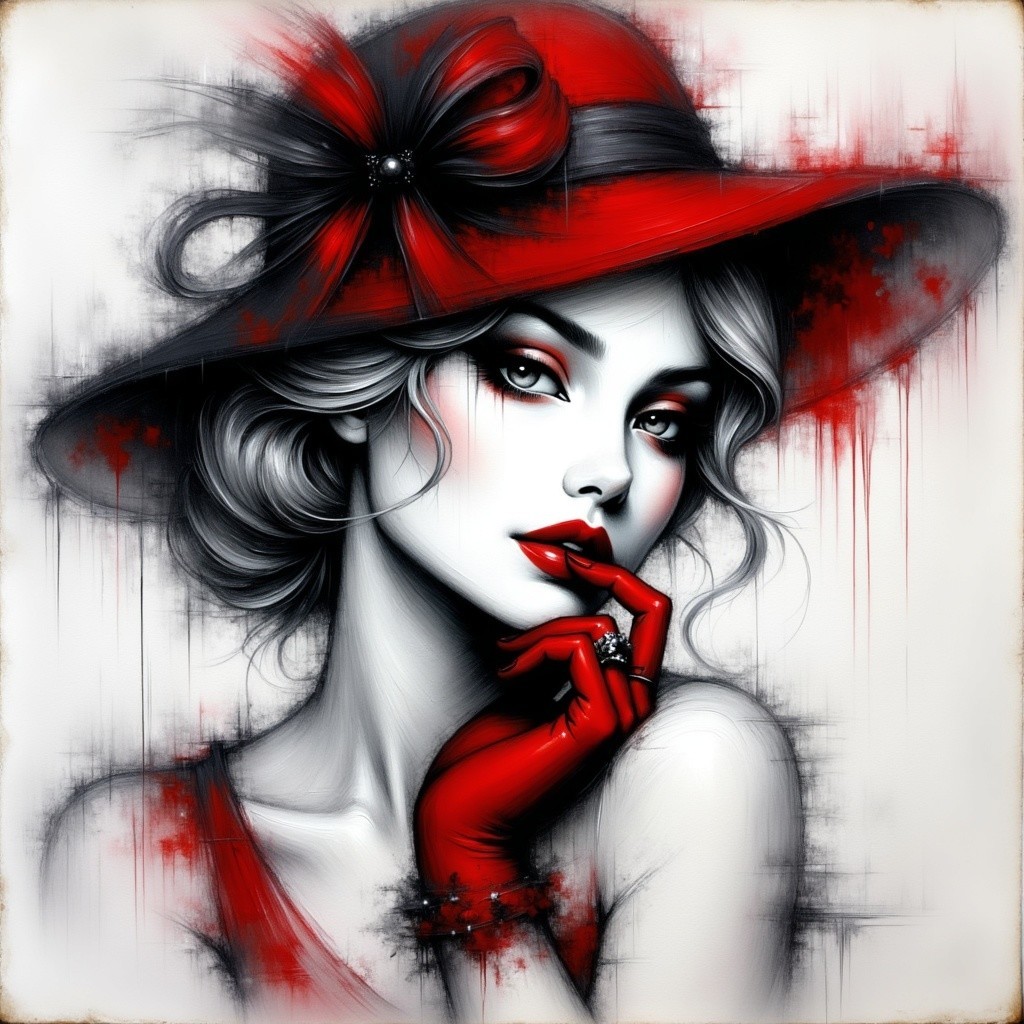 Black-and-white portrait of a woman in a red hat