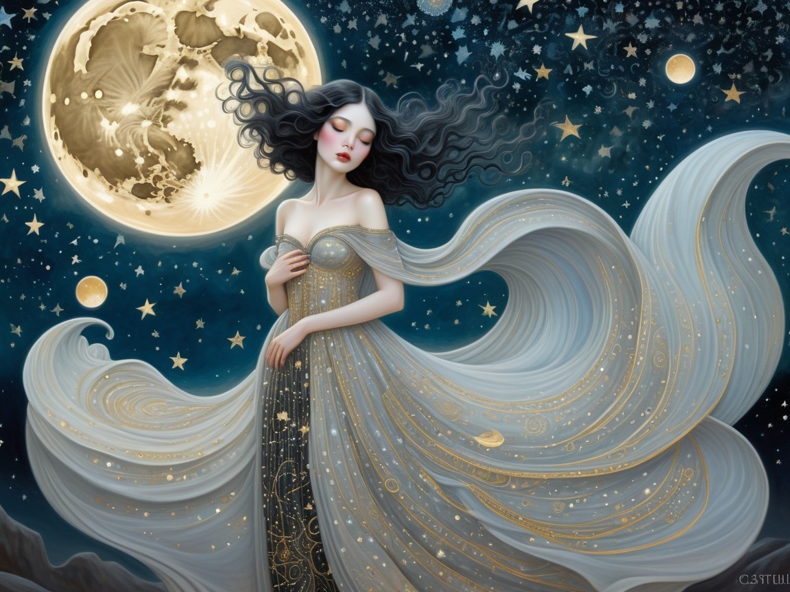 Serene Figure in Ethereal Gown Under Starry Sky