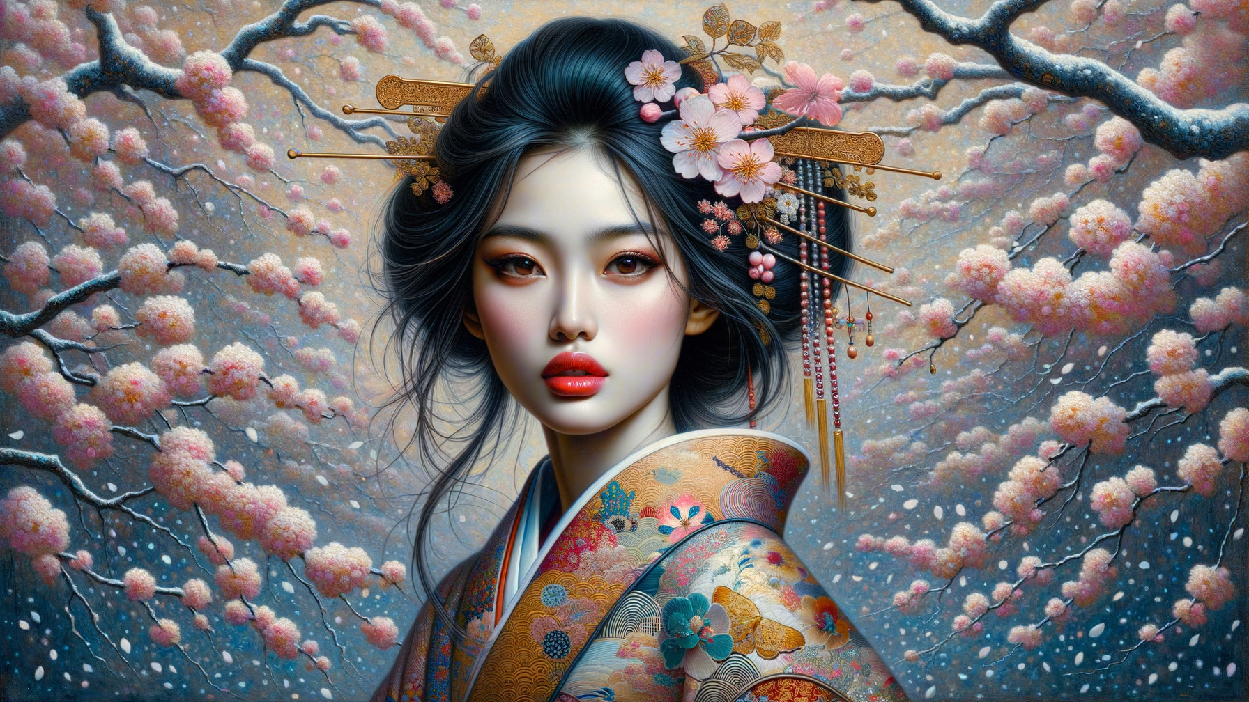 Young Woman in Traditional Kimono Amid Cherry Blossoms