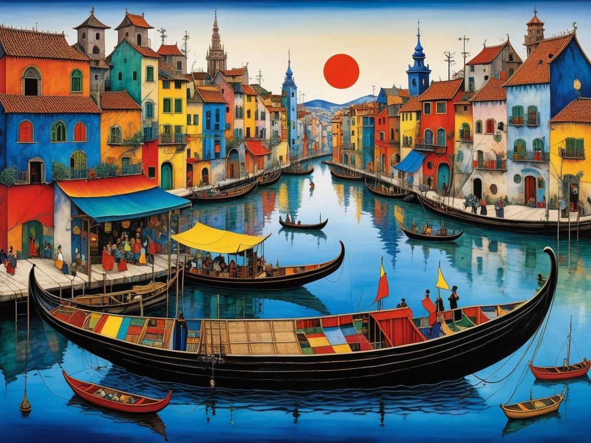 Vibrant Canal Scene with Colorful Houses and Boats