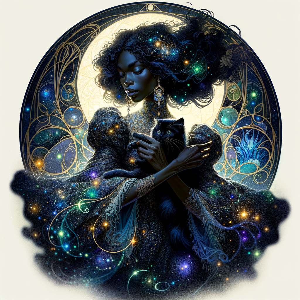 Mystical Figure in Starry Gown with Black Cat