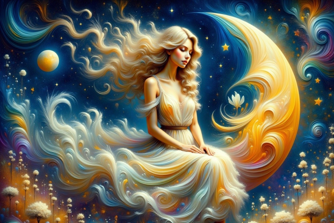 Serene figure in a swirling cosmic landscape
