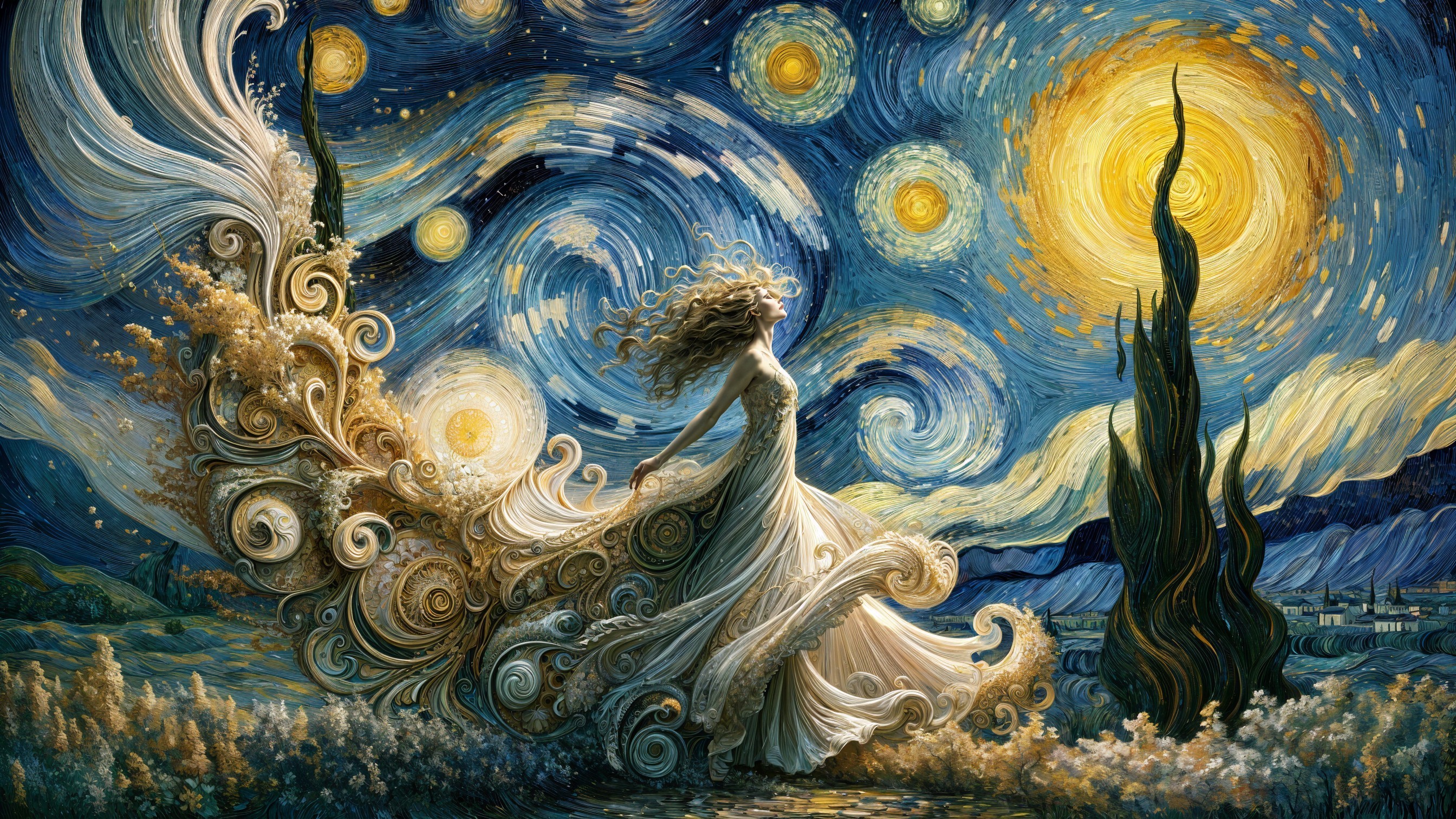 Whimsical Scene with Flowing Figure and Starry Sky