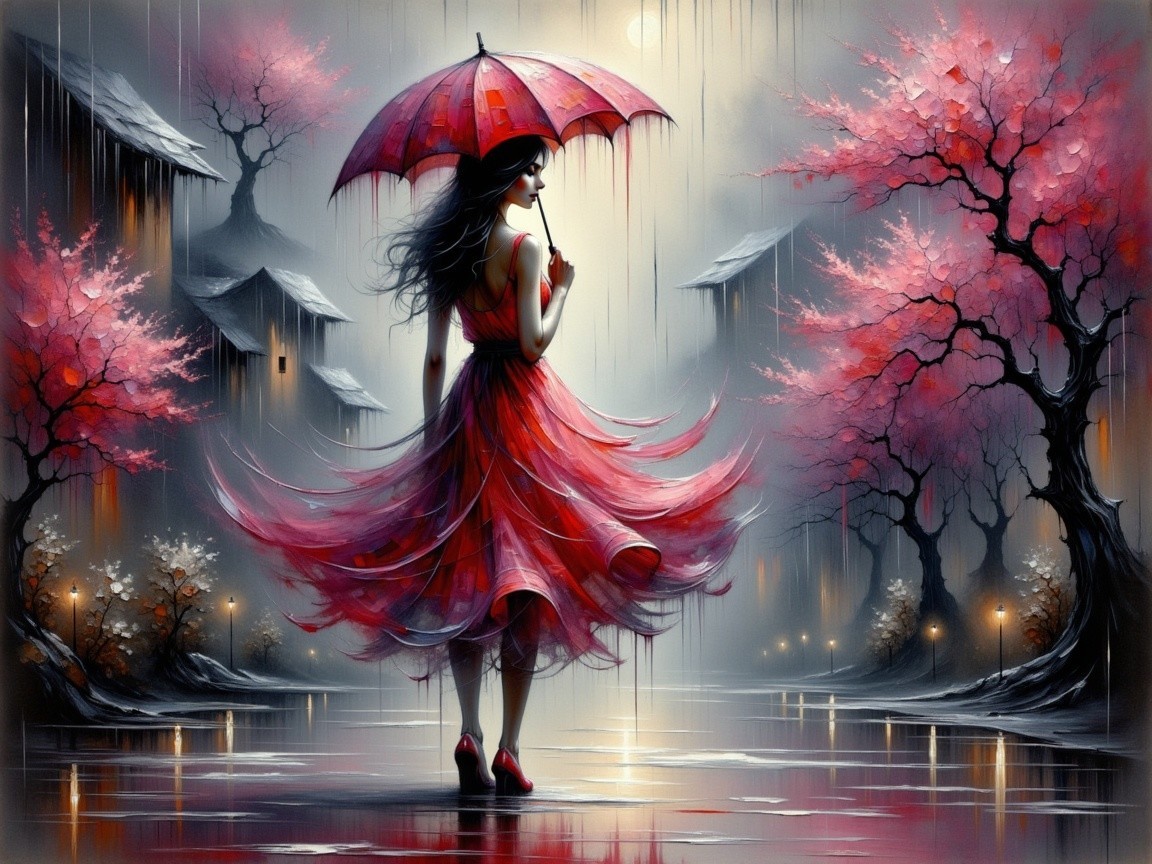 Woman in Red Dress in Misty Cherry Blossom Landscape