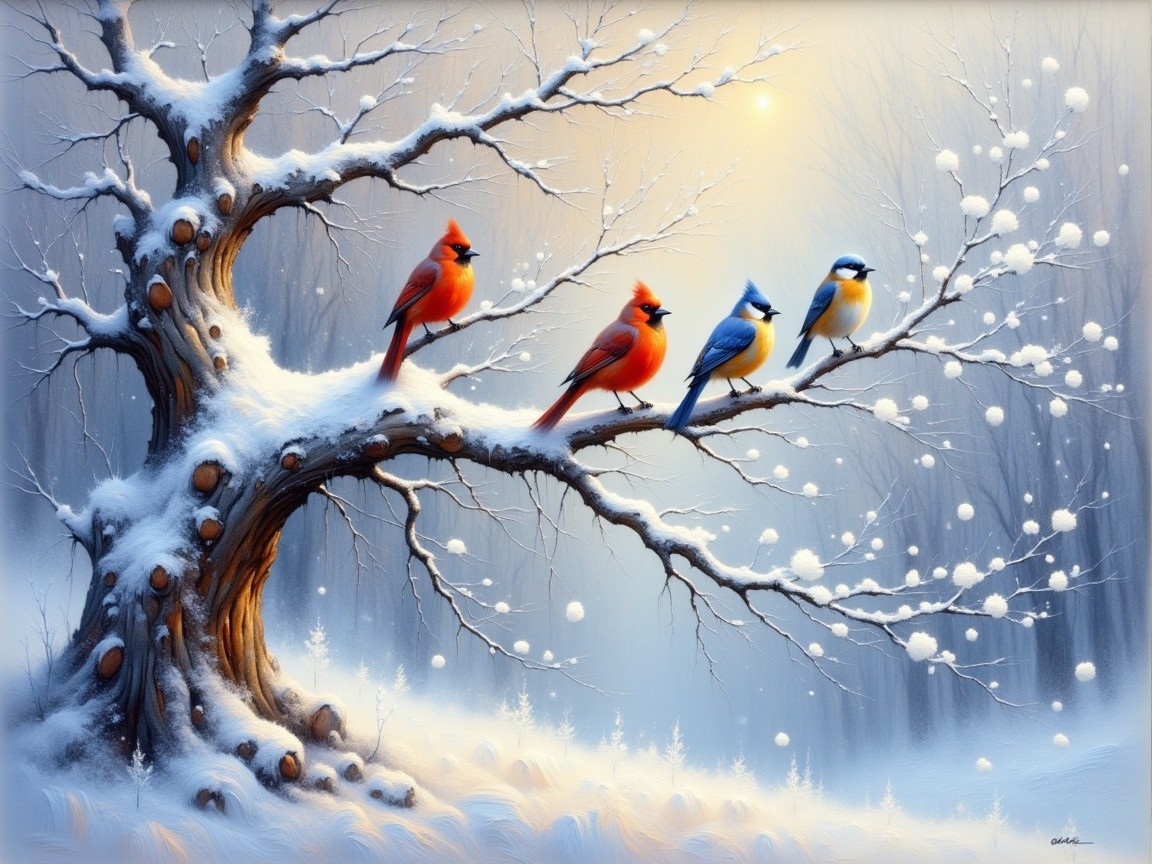 Winter Landscape with Snowy Tree and Colorful Birds