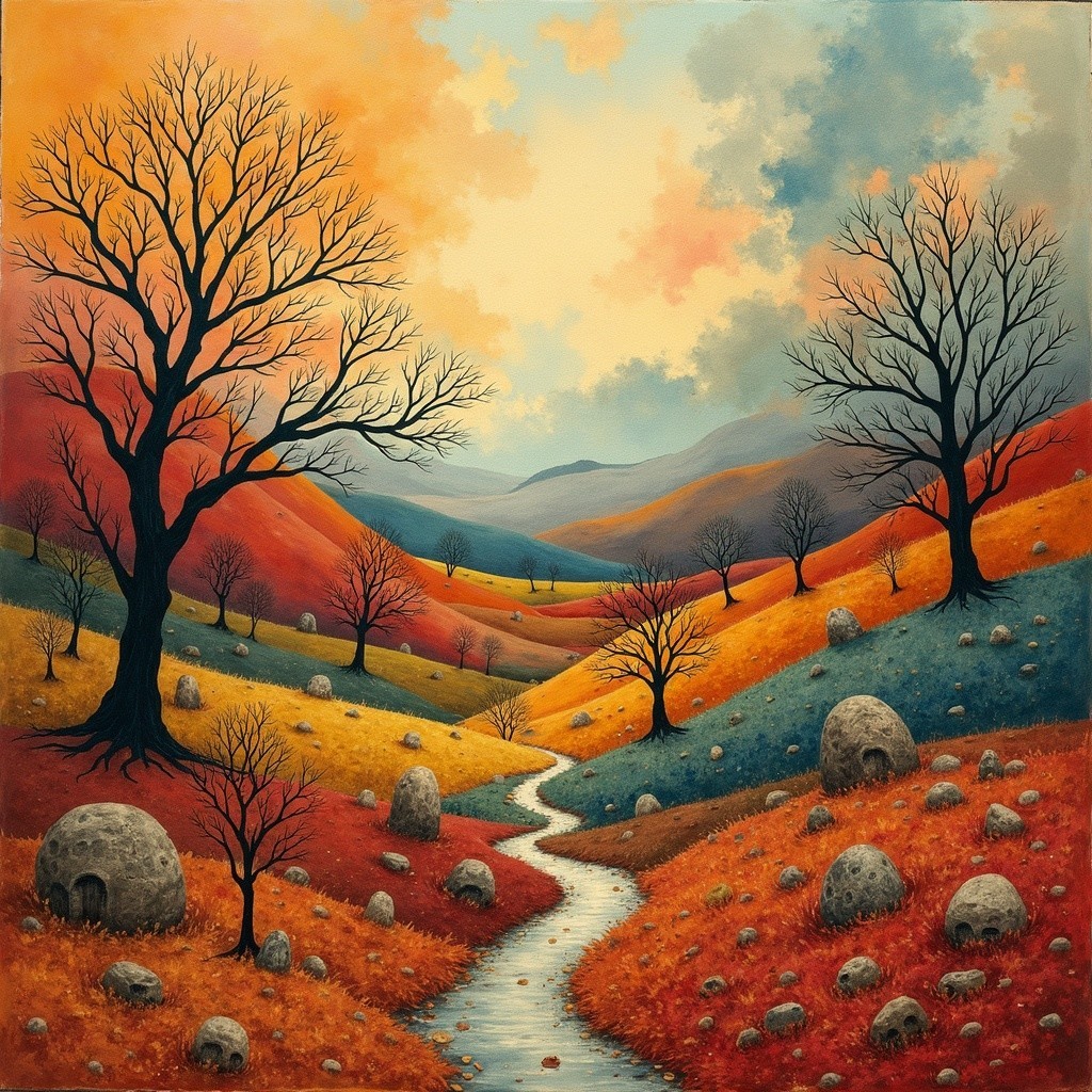 Vibrant Landscape with Rolling Hills and Brook
