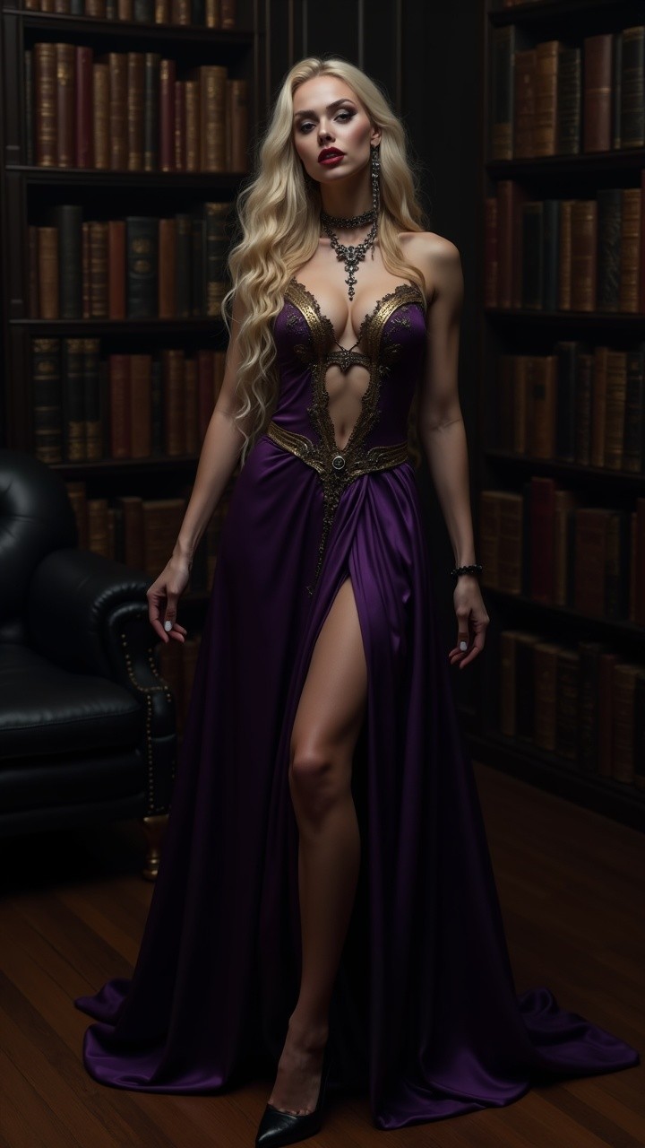 Elegant Woman in Purple Gown in Lavish Library