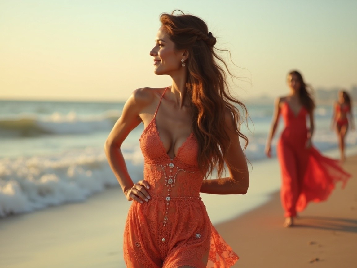 Beach Sunset Scene with Women in Vibrant Dresses