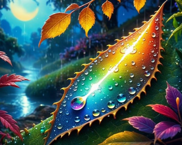 Vibrant Leaf in Mystical Forest with Colorful Rain Droplets