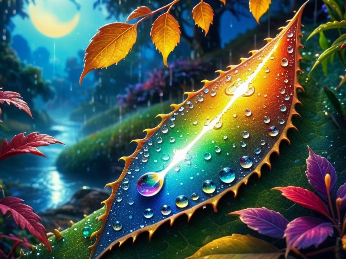 Vibrant Leaf in Mystical Forest with Colorful Rain Droplets